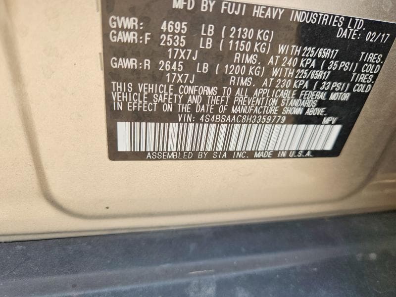 2017 SUBARU OUTBACK 2.5I 2.5I 12