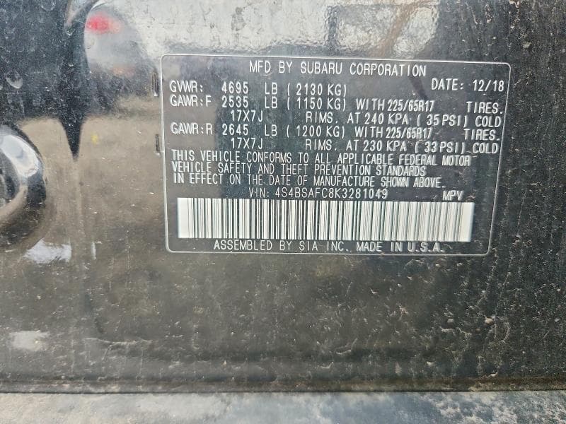 2019 SUBARU OUTBACK 2.5I PREMIUM 13