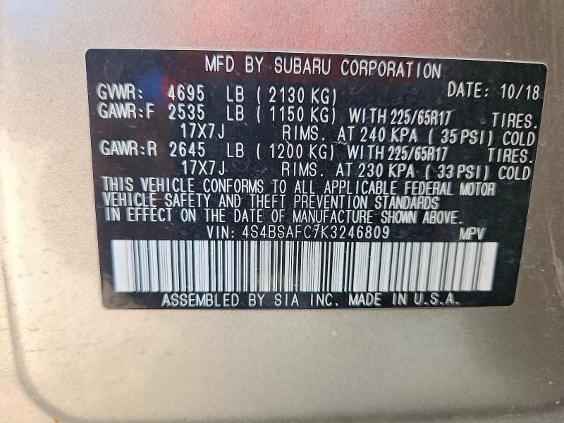 2019 SUBARU OUTBACK 2.5I PREMIUM 13