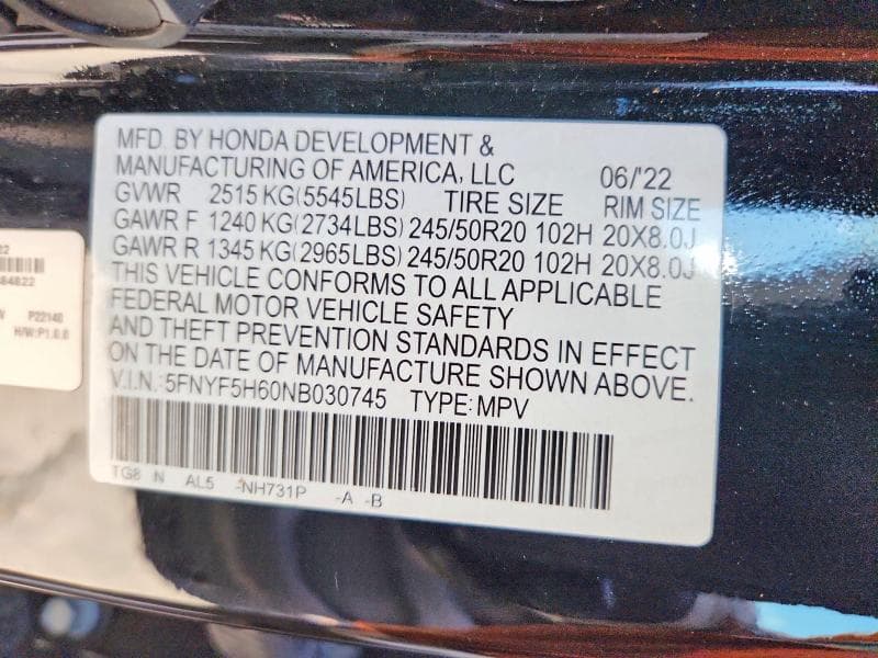 2022 HONDA PILOT TOURING 13