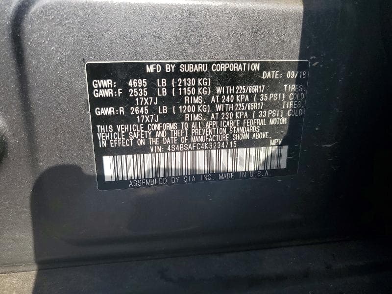 2019 SUBARU OUTBACK 2.5I PREMIUM 12