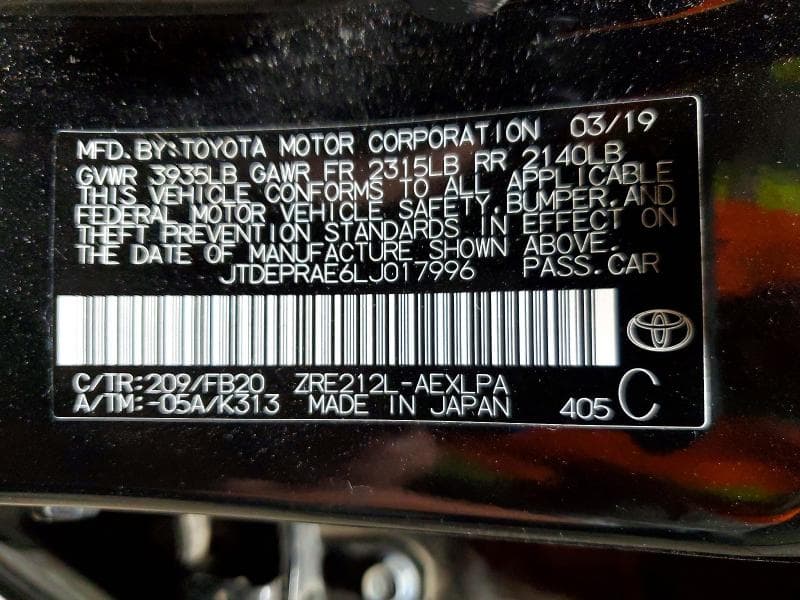 2020 TOYOTA COROLLA LE 12