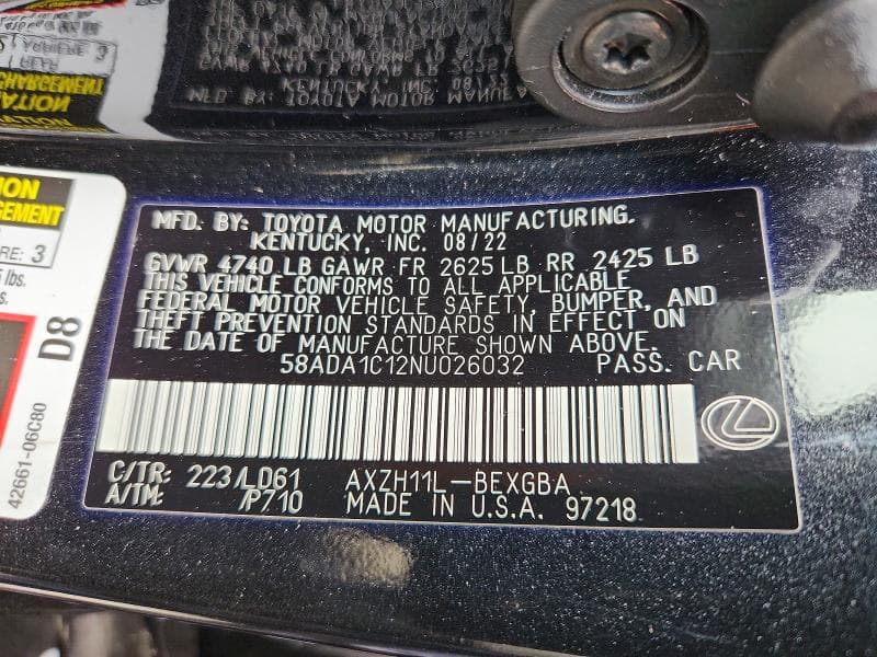 2022 LEXUS ES 300H BASE BASE 12