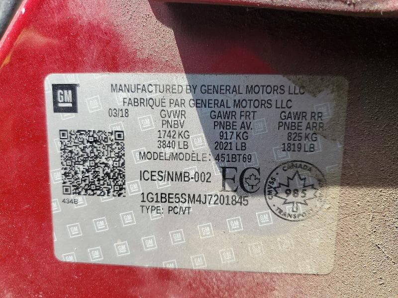 2018 CHEVROLET CRUZE LT LT 12