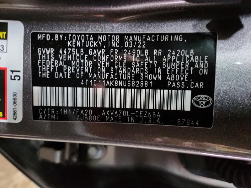 2022 TOYOTA CAMRY LE LE 12