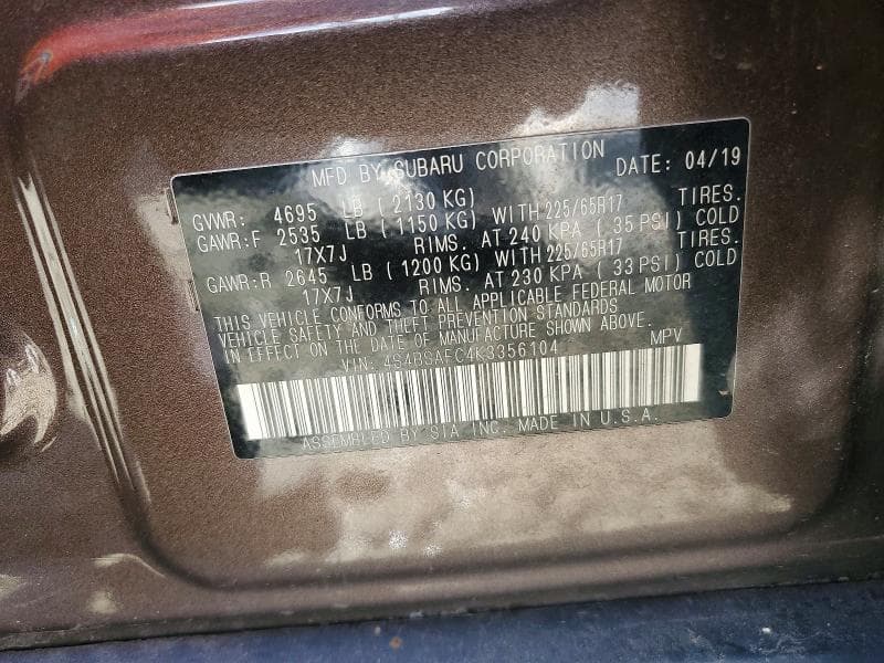 2019 SUBARU OUTBACK 2.5I PREMIUM 13