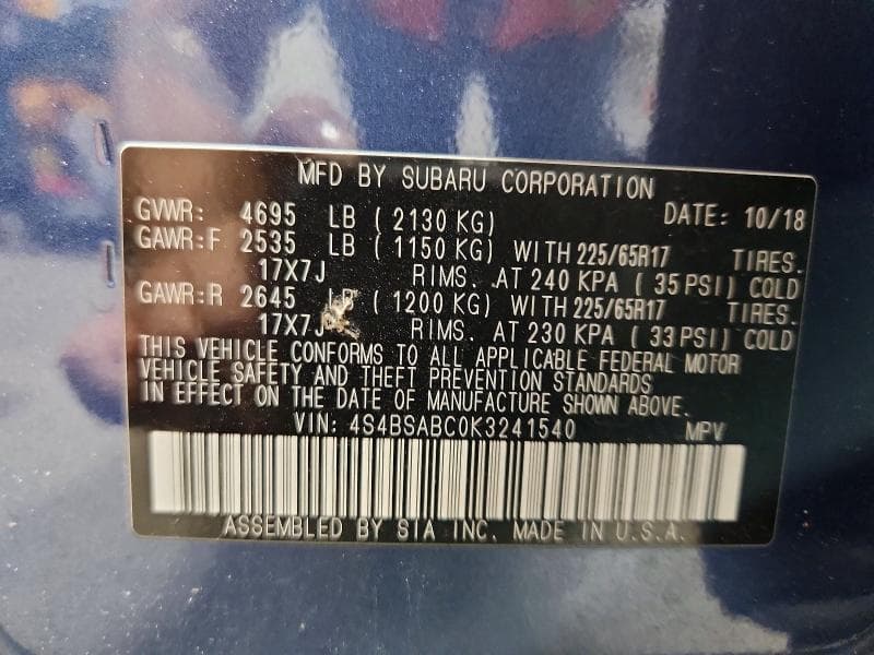 2019 SUBARU OUTBACK 2.5I 2.5I 13