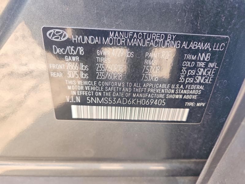 2019 HYUNDAI SANTA FE LIMITED 2.4L 12