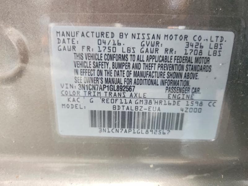 2016 NISSAN VERSA 1.6 SV 13