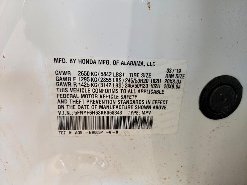 2019 HONDA PILOT TOURING 14