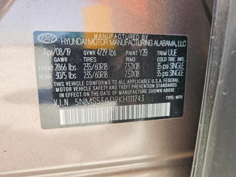 2019 HYUNDAI SANTA FE LIMITED 2.4L LIMITED 2.4L 14