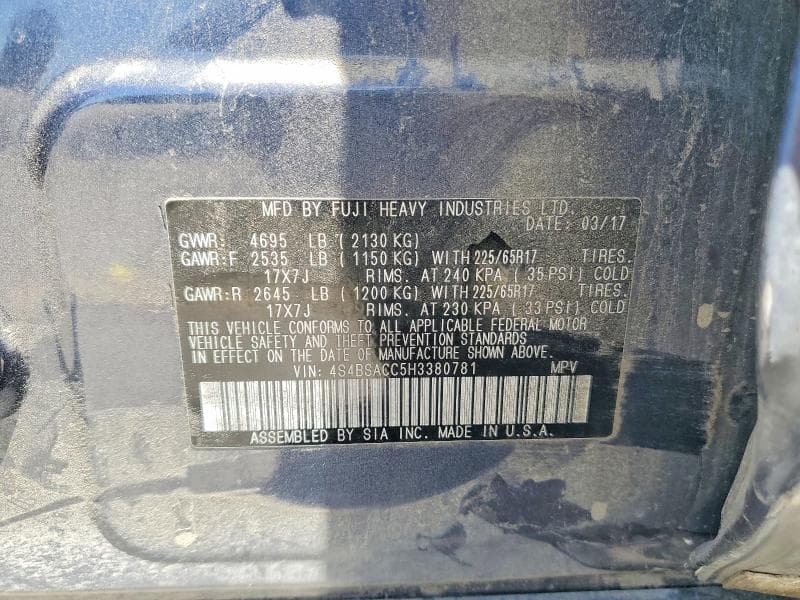 2017 SUBARU OUTBACK 2.5I PREMIUM 13