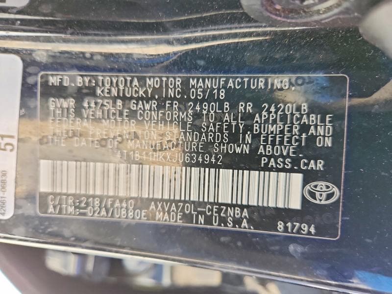 2018 TOYOTA CAMRY LE 13