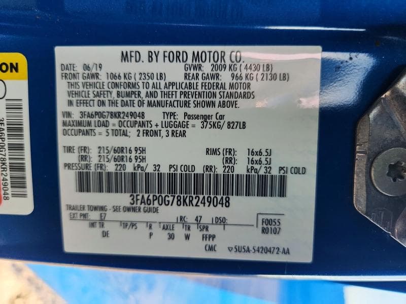 2019 FORD FUSION S S 12