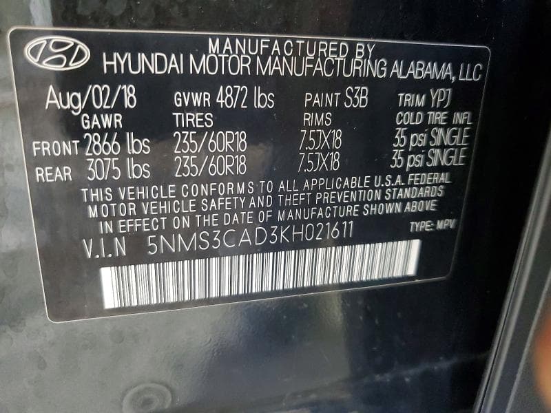 2019 HYUNDAI SANTA FE SEL PLUS 2.4L 14