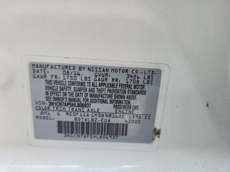 2017 NISSAN VERSA 1.6 SV 1.6 SV 12