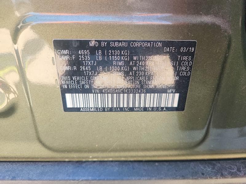 2019 SUBARU OUTBACK 2.5I PREMIUM 12