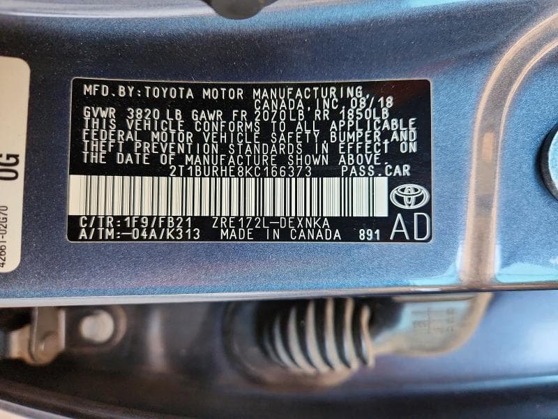 2019 TOYOTA COROLLA LE 12