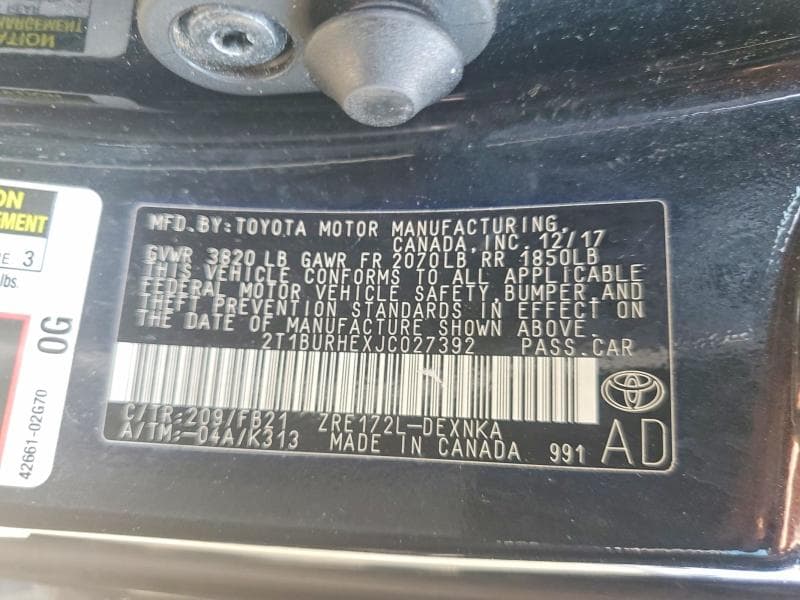 2018 TOYOTA COROLLA LE 12