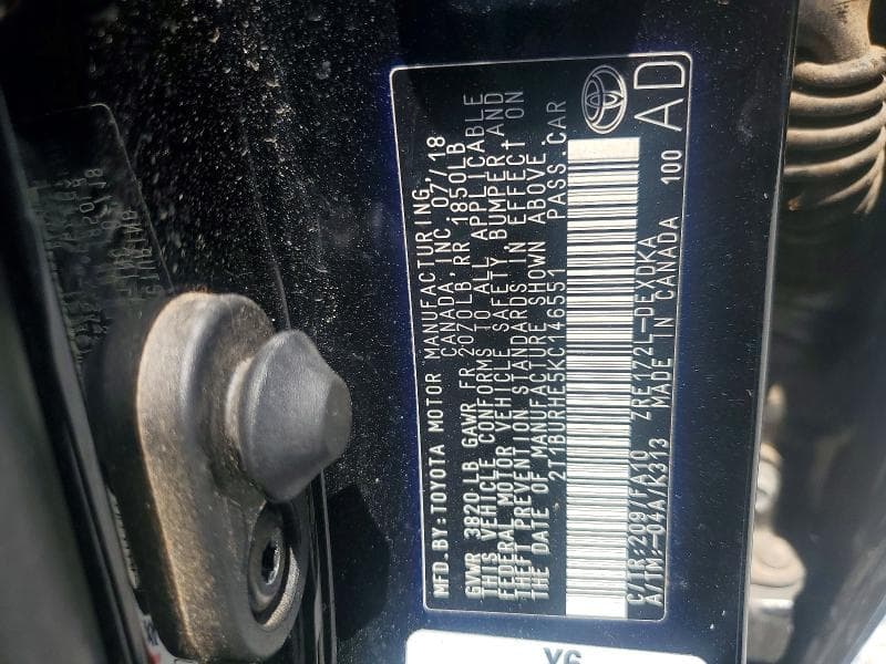 2019 TOYOTA COROLLA L L 12