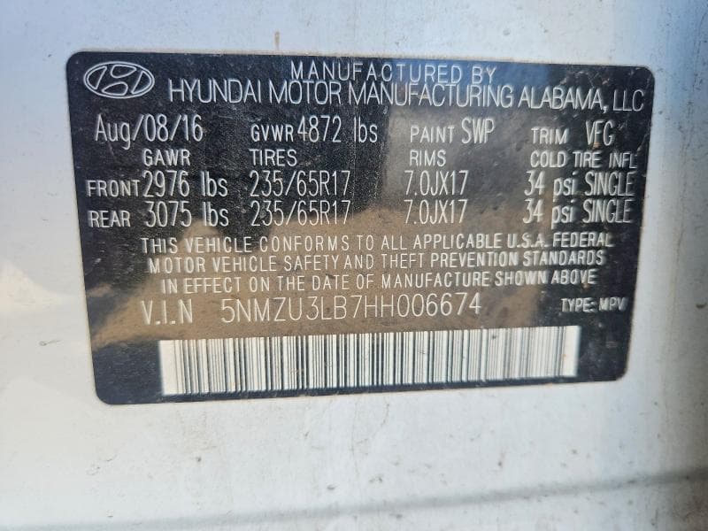 2017 HYUNDAI SANTA FE SPORT 2.4L 2.4L 12