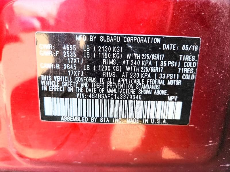 2018 SUBARU OUTBACK 2.5I PREMIUM 12