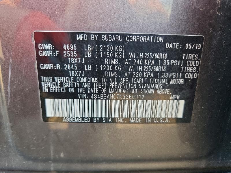 2019 SUBARU OUTBACK 2.5I LIMITED 13