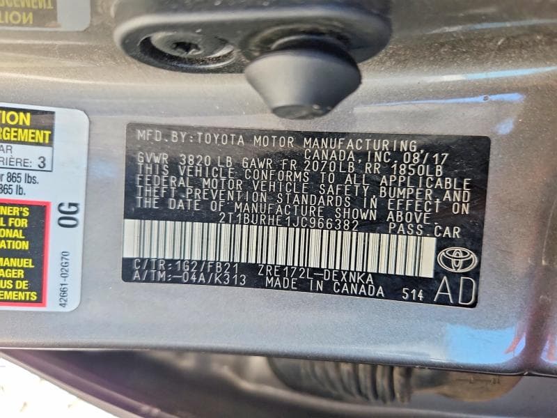 2018 TOYOTA COROLLA LE 12