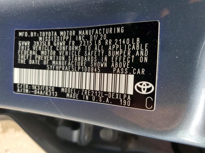 2020 TOYOTA COROLLA LE 12