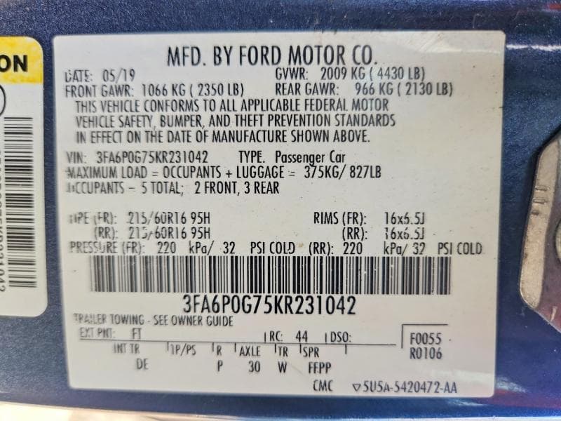 2019 FORD FUSION S 12