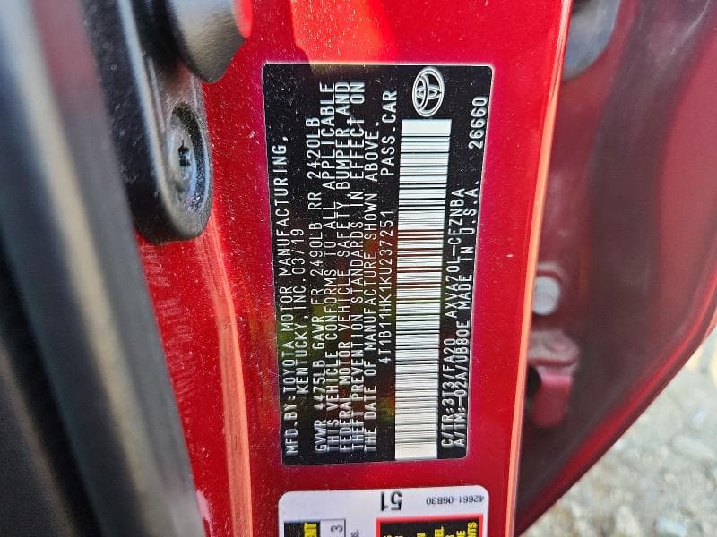 2019 TOYOTA CAMRY LE 12