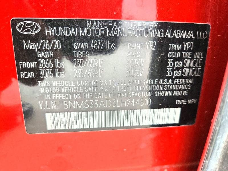 2020 HYUNDAI SANTA FE SEL SEL 12