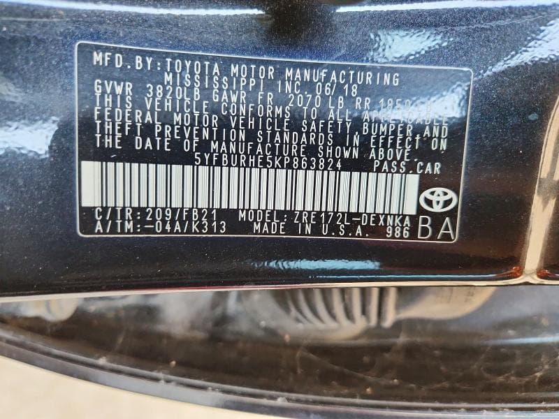 2019 TOYOTA COROLLA LE LE 12