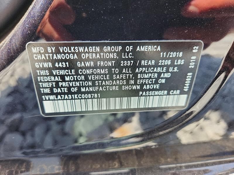 2019 VOLKSWAGEN PASSAT WOLFSBURG 12