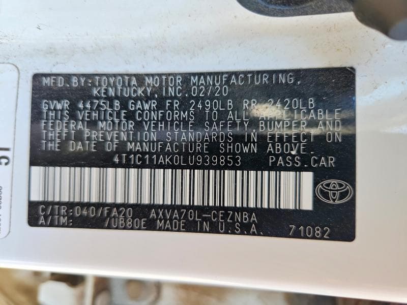 2020 TOYOTA CAMRY LE 13