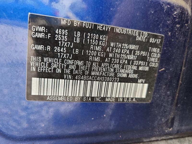 2017 SUBARU OUTBACK 2.5I PREMIUM 14