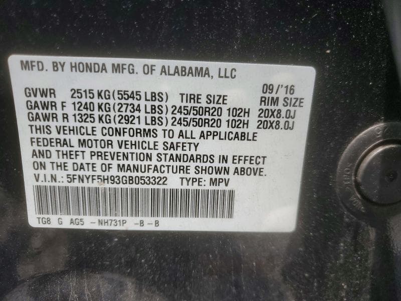 2016 HONDA PILOT TOURING 13
