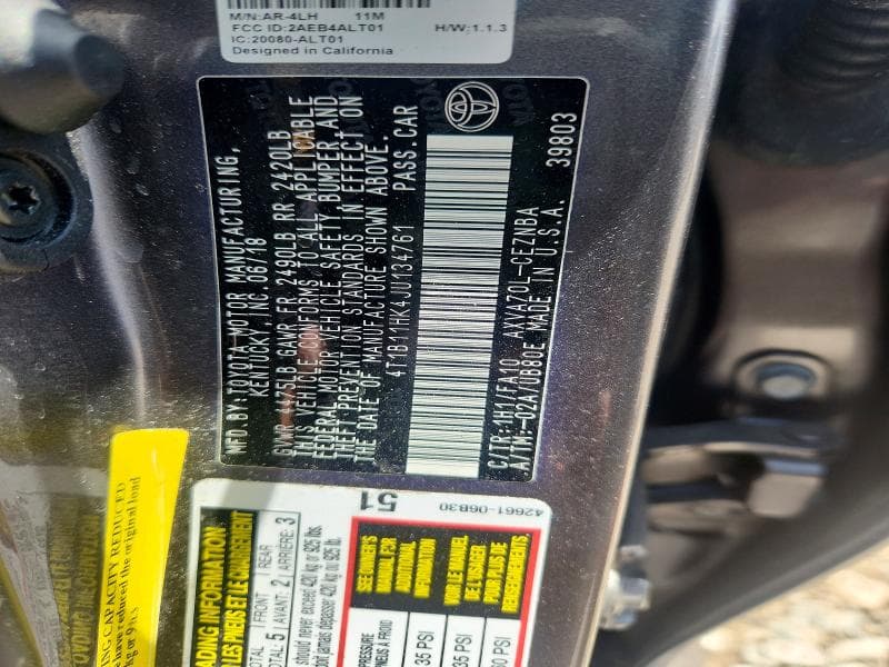 2018 TOYOTA CAMRY LE 13