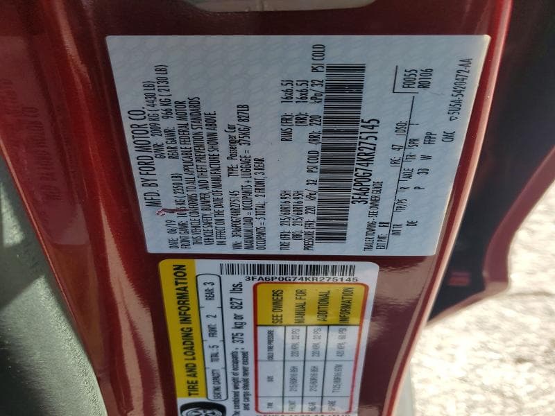 2019 FORD FUSION S 12