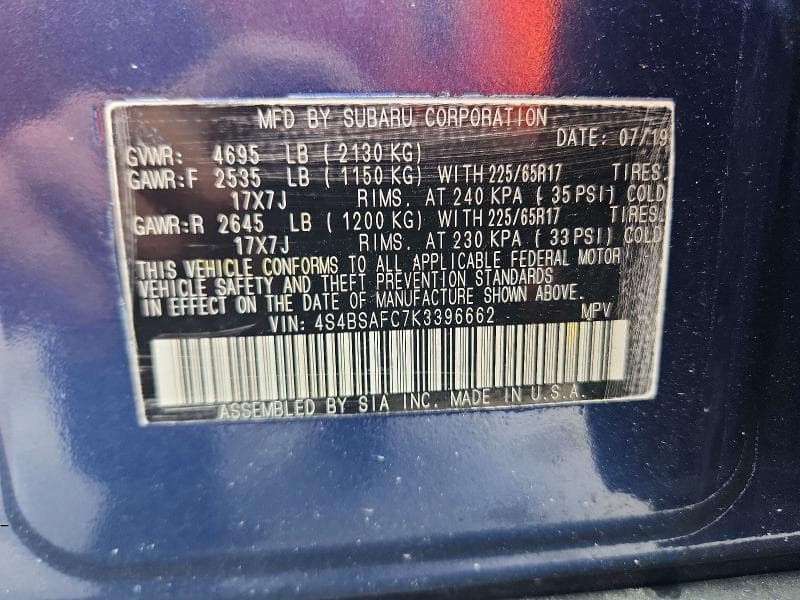2019 SUBARU OUTBACK 2.5I PREMIUM 13