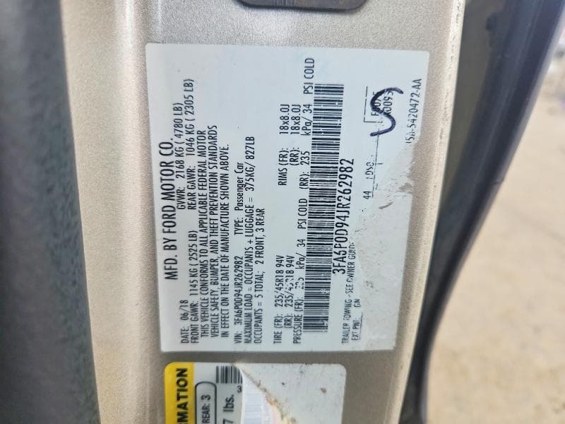 2018 FORD FUSION TITANIUM/PLATINUM TITANIUM/PLATINUM 12