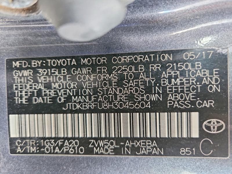 2017 TOYOTA PRIUS ONE ONE 13