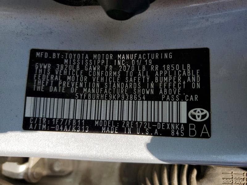 2019 TOYOTA COROLLA LE LE 12
