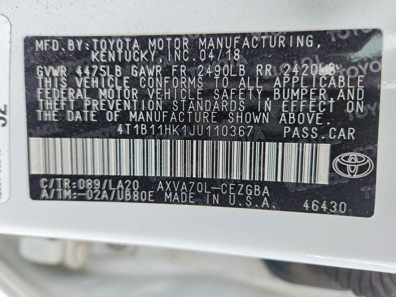2018 TOYOTA CAMRY XLE 12