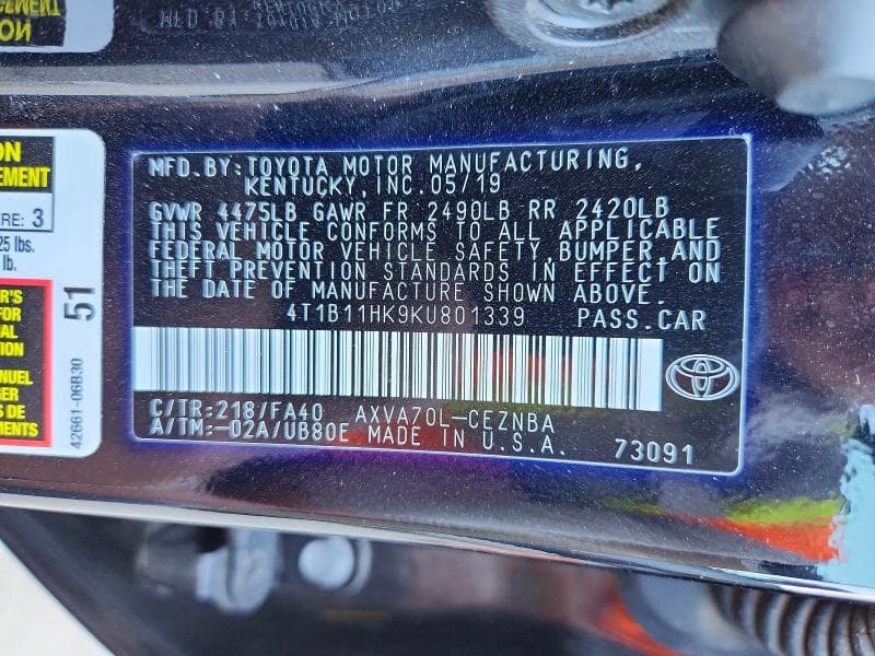 2019 TOYOTA CAMRY LE 12