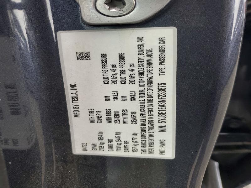 2022 TESLA MODEL 3 12
