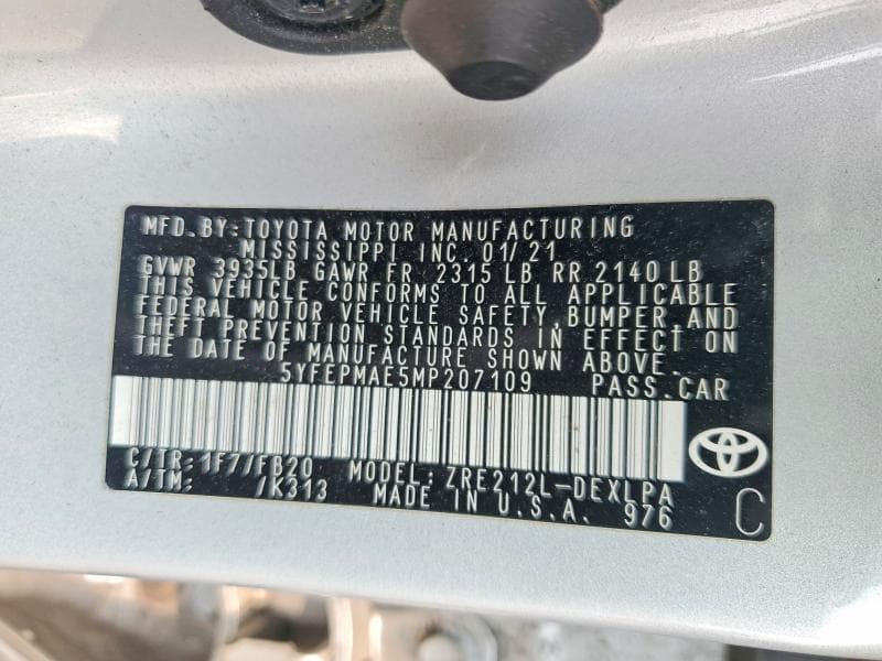 2021 TOYOTA COROLLA LE 12
