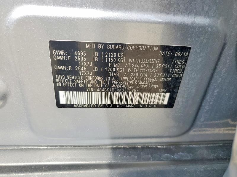 2019 SUBARU OUTBACK 2.5I 13