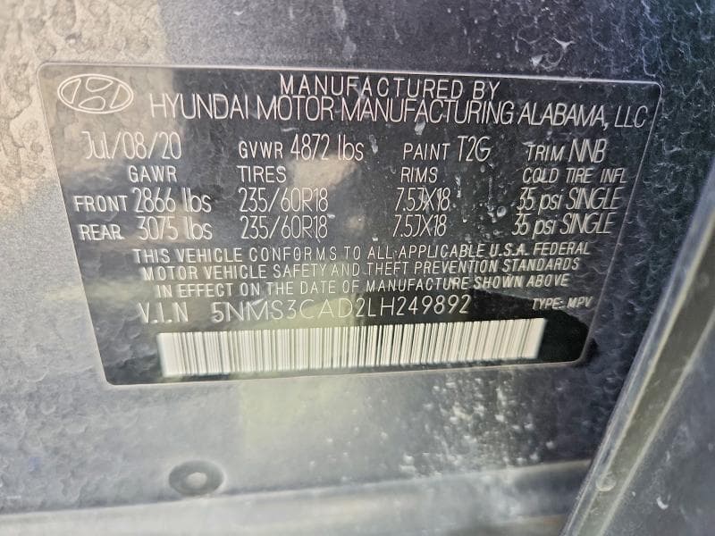 2020 HYUNDAI SANTA FE SEL SEL 12