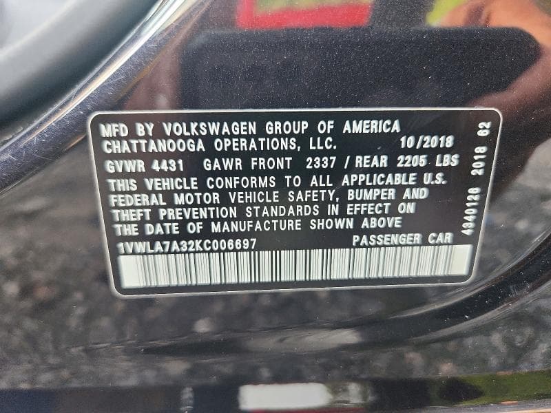 2019 VOLKSWAGEN PASSAT WOLFSBURG WOLFSBURG 12